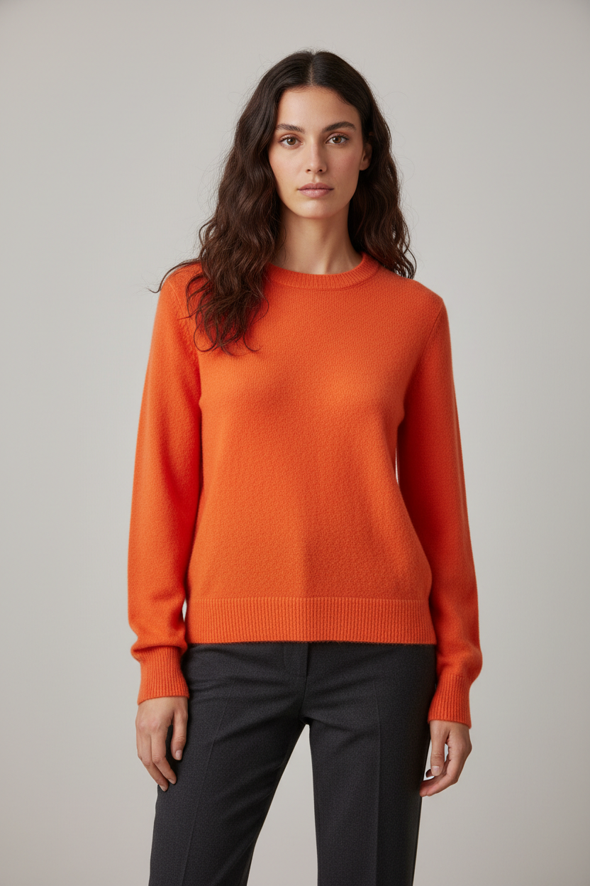 Ladies Fine Knitted Sweater with Round Neck and Ribbed Cuffs