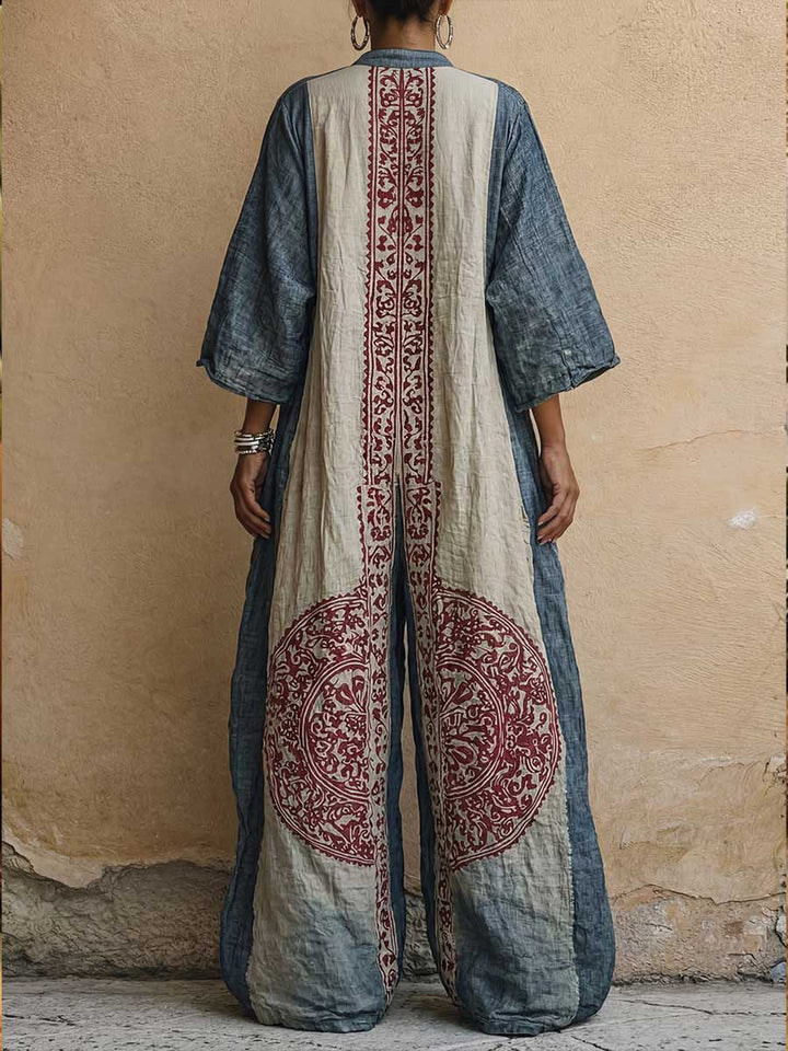 Women's Vintage Print V-neck 3/4-sleeve Cotton-linen Jumpsuit