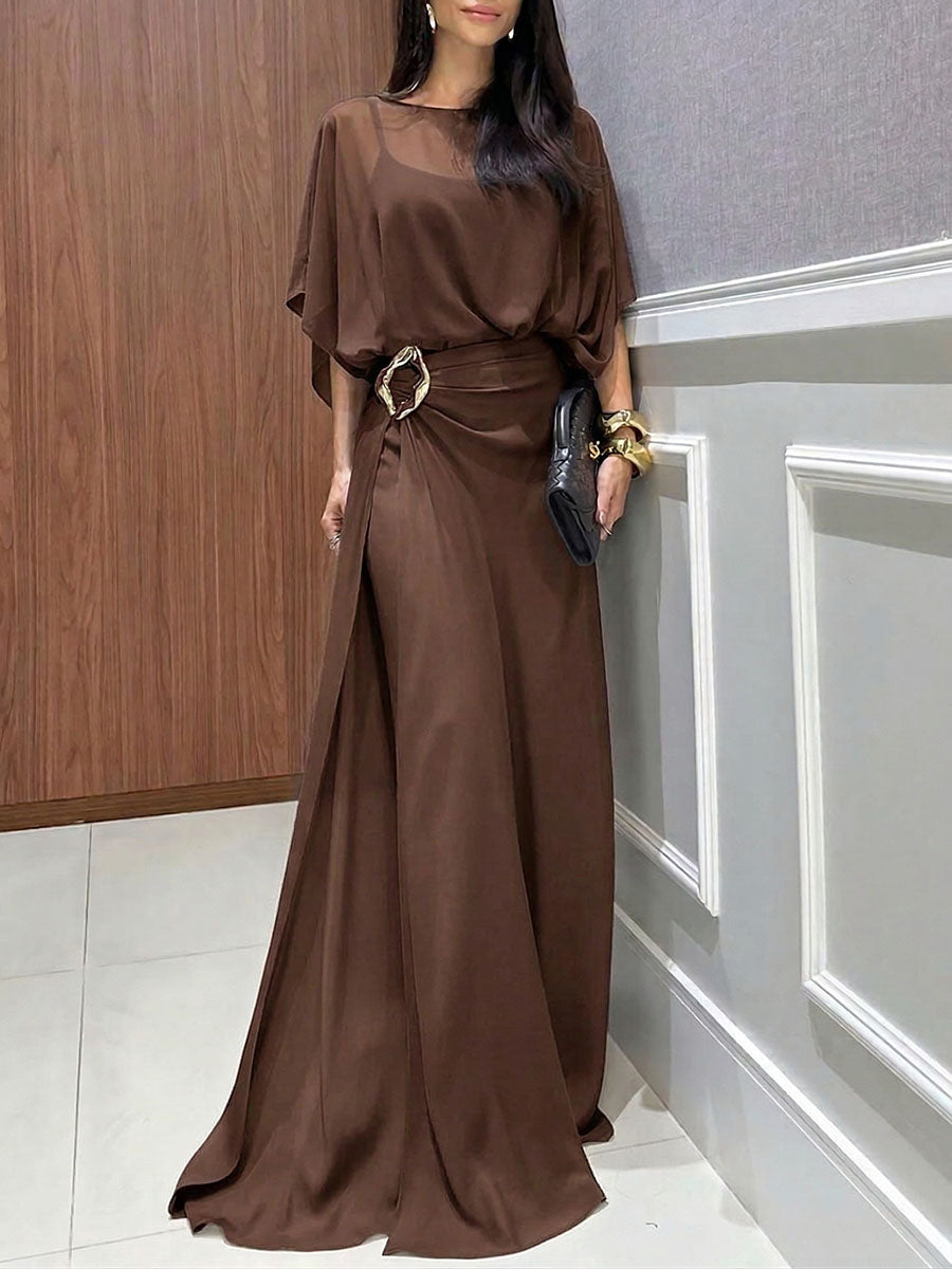 Women's Round-neck 3/4-sleeve Casual Loose Chiffon Top & High-waisted Wide-leg Pants Set, view 3 - Elena Harper