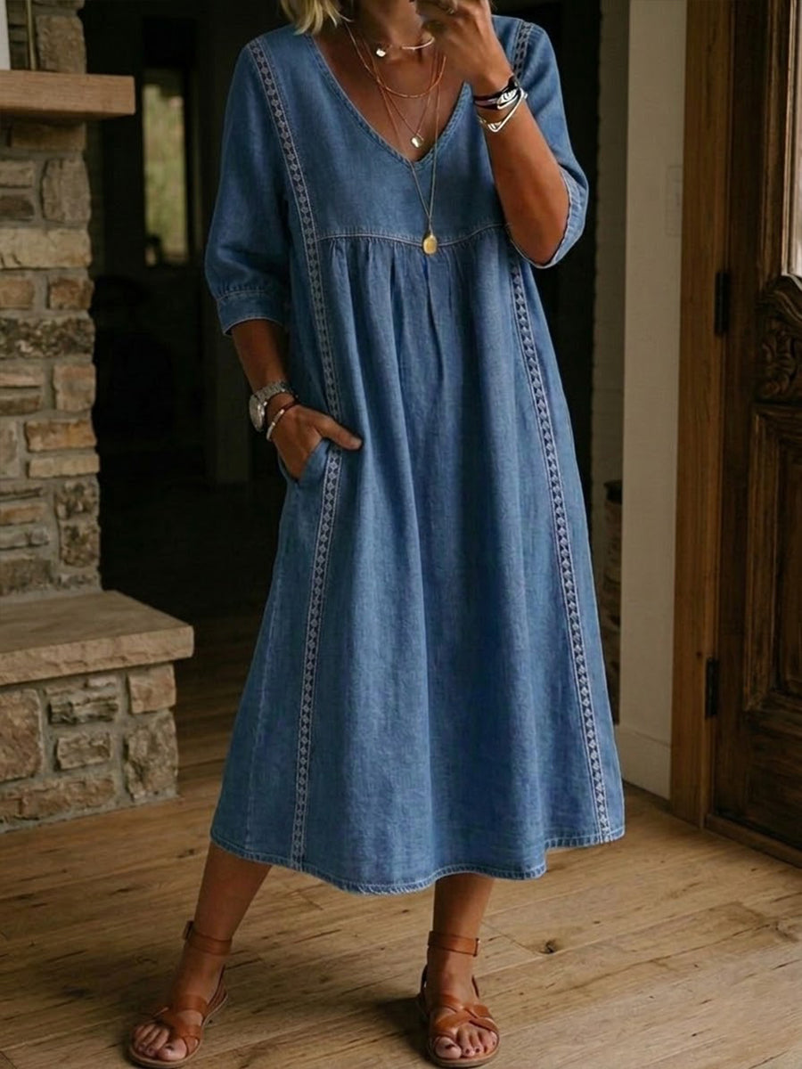 Women’s Lace Trim Denim Dress – Casual Loose Fit Vintage Denim Dress