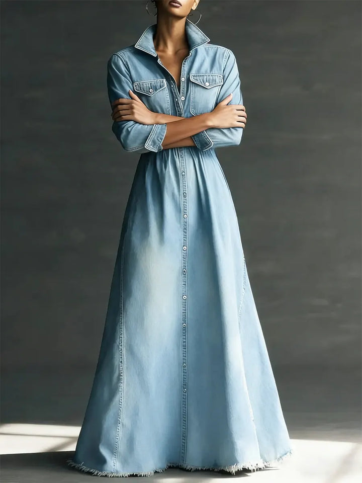 Blaire - Stylish Art Stand Collar Washed Denim Midi Dress