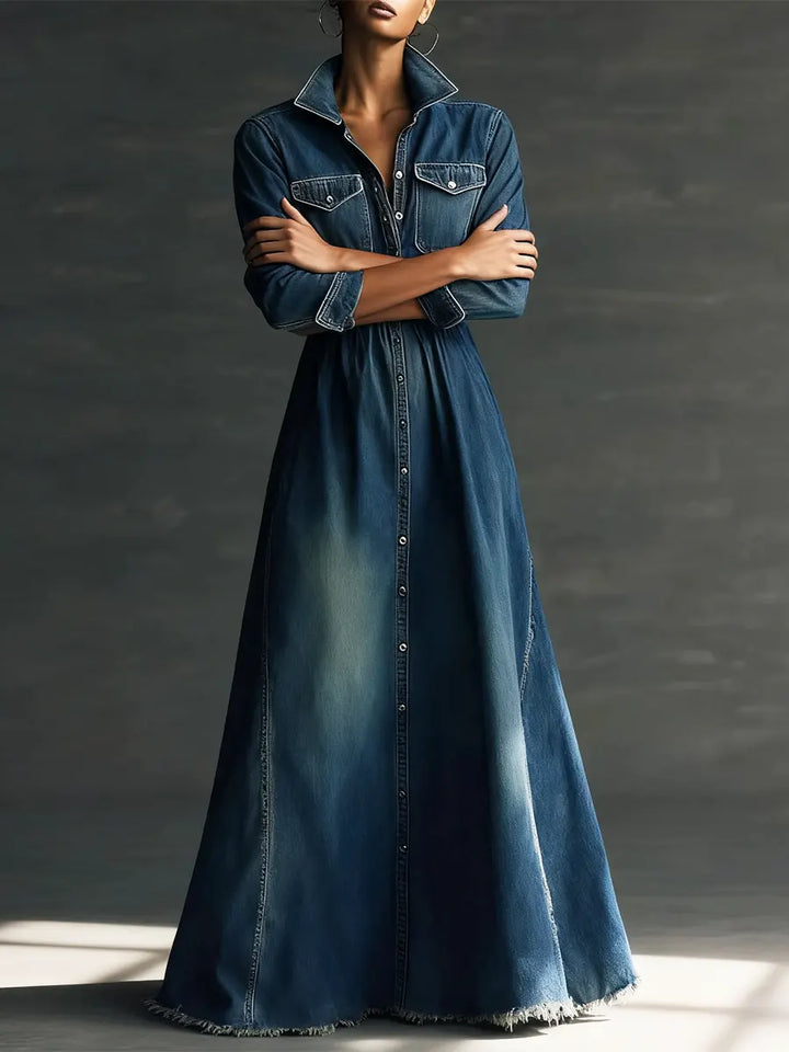 Aurora - Stylish Art Stand Collar Washed Denim Midi Dress