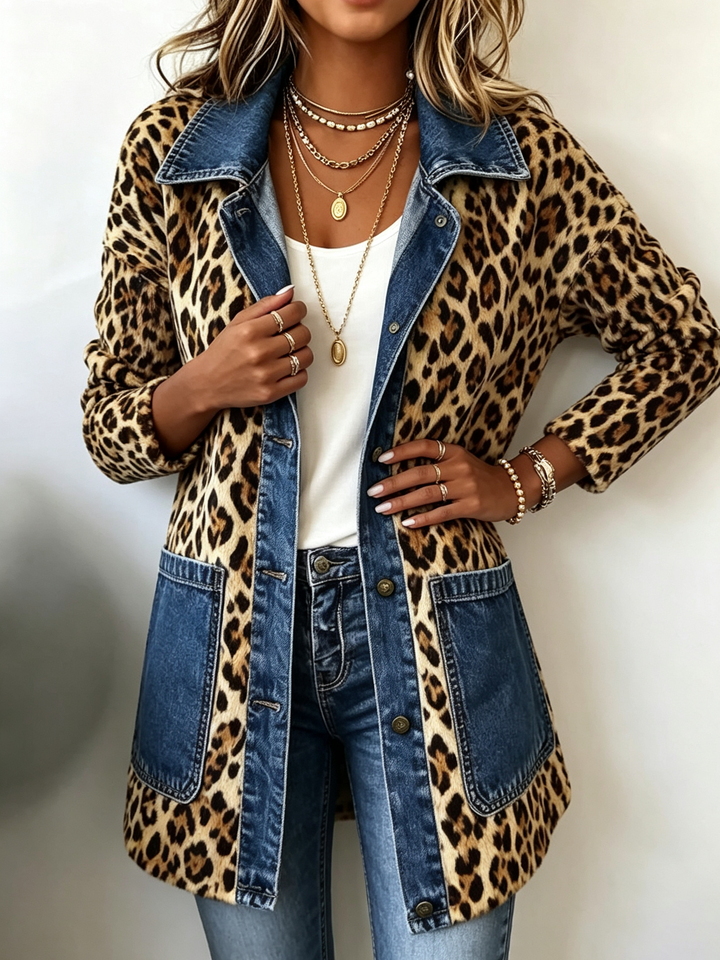 Lorena | Long Leopard Coat with Denim
