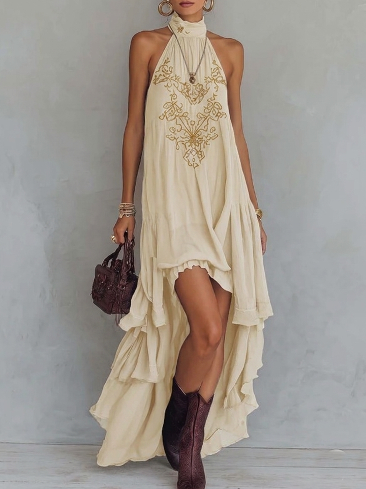 Sarah - Retro Halter Neck Irregular Ruffle Maxi Dress