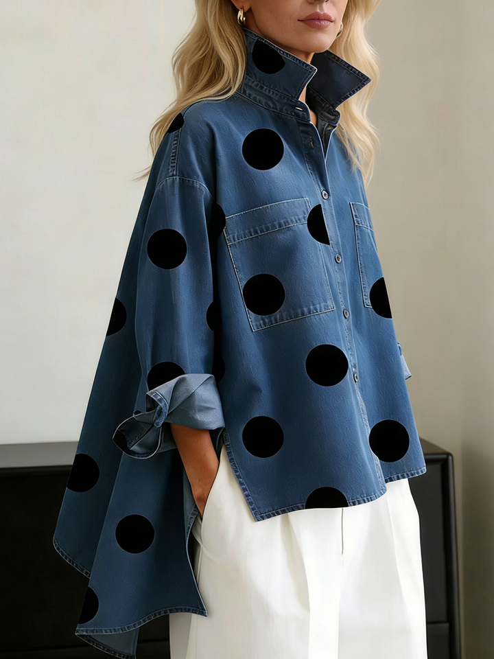 Stella - Elegant Artistic Polka Dot Print Stand-collar Denim Top