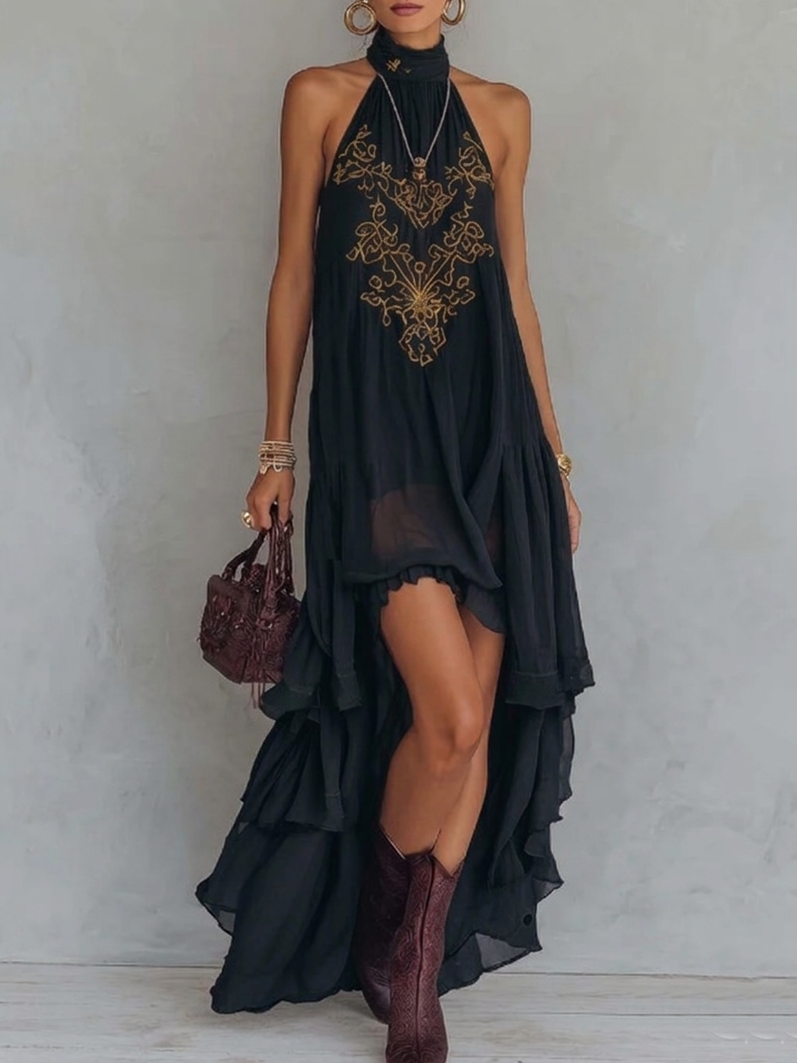 Clara - Retro Halter Neck Irregular Ruffle Maxi Dress