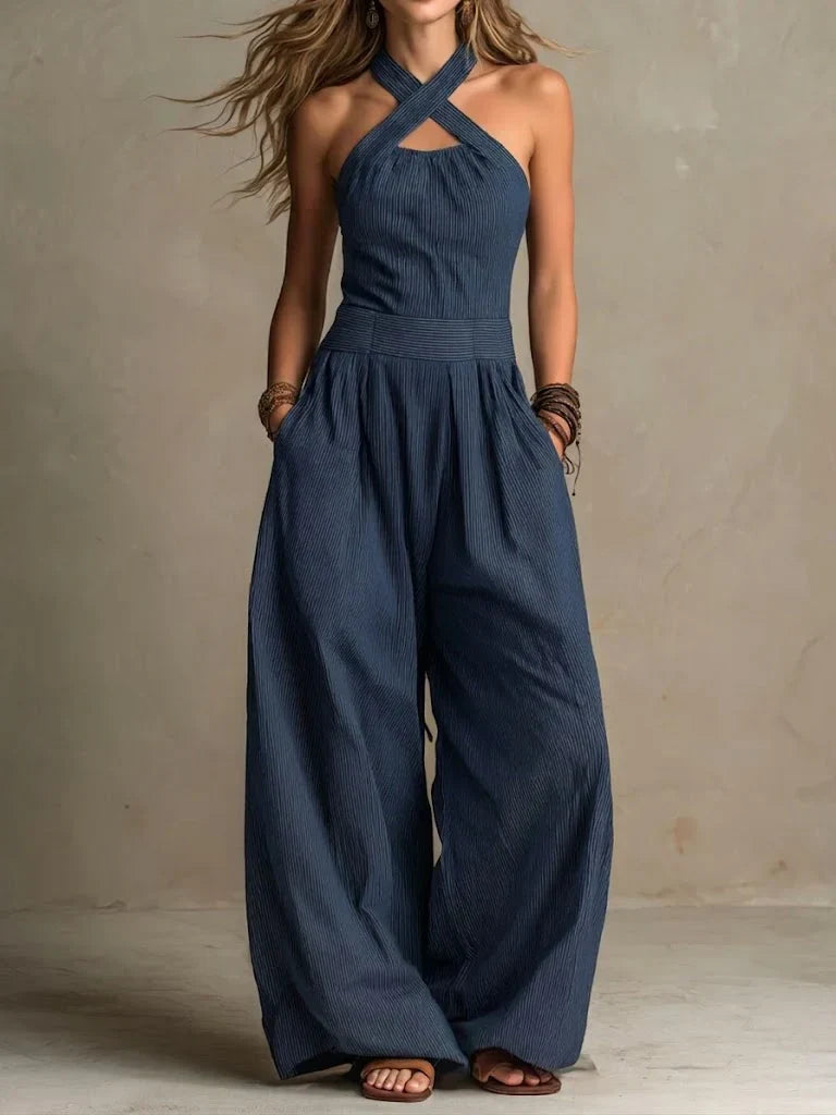 Beanini Sleeveless Women's Jumpsuit with Crossed Neckline, view 3 - Elena Harper