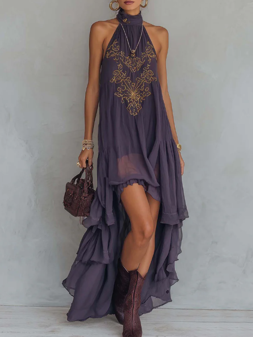 Clara - Retro Halter Neck Irregular Ruffle Maxi Dress