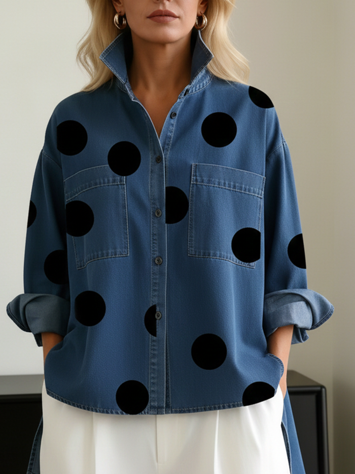 Stella - Elegant Artistic Polka Dot Print Stand-collar Denim Top