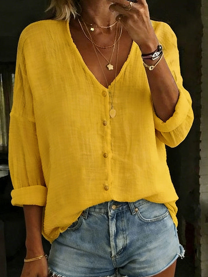Women's Cotton Linen Loose V-Neck Button Front Solid Color Long-sleeved Shirt