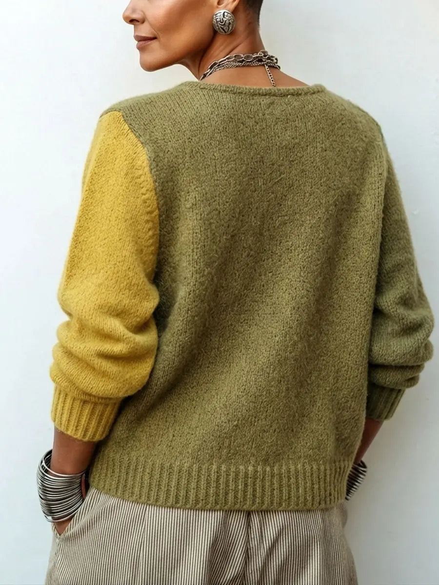 Women's Colour-Block Knitted Jumper with Asymmetric Buttons, Relaxed Fit, view 2 - Elena Harper