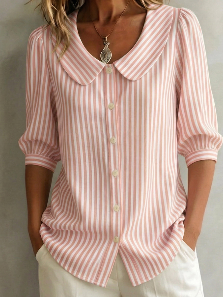 Women's Striped Blouse with Peter Pan Collar and 3/4 Puff Sleeves, view 3 - Elena Harper