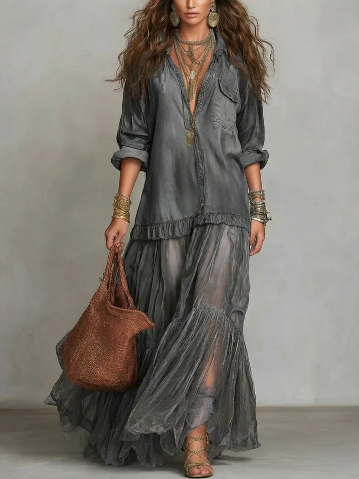 Sallie | Retro Lapel Denim Organza Patchwork Art Casual Maxi Dress