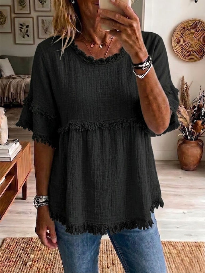Casual Short-sleeve Raw-hem Linen-blend Top, view 3 - Elena Harper