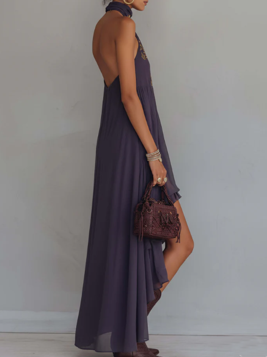 Clara - Retro Halter Neck Irregular Ruffle Maxi Dress