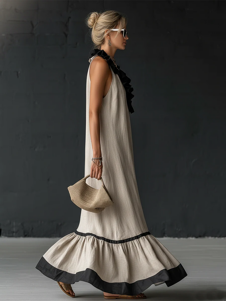 Ambathy Elegant Maxi Dress with Ruffles and Colorblock Design, view 9 - Elena Harper
