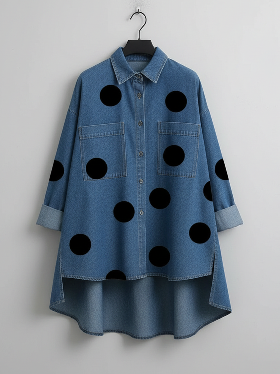 Stella - Elegant Artistic Polka Dot Print Stand-collar Denim Top