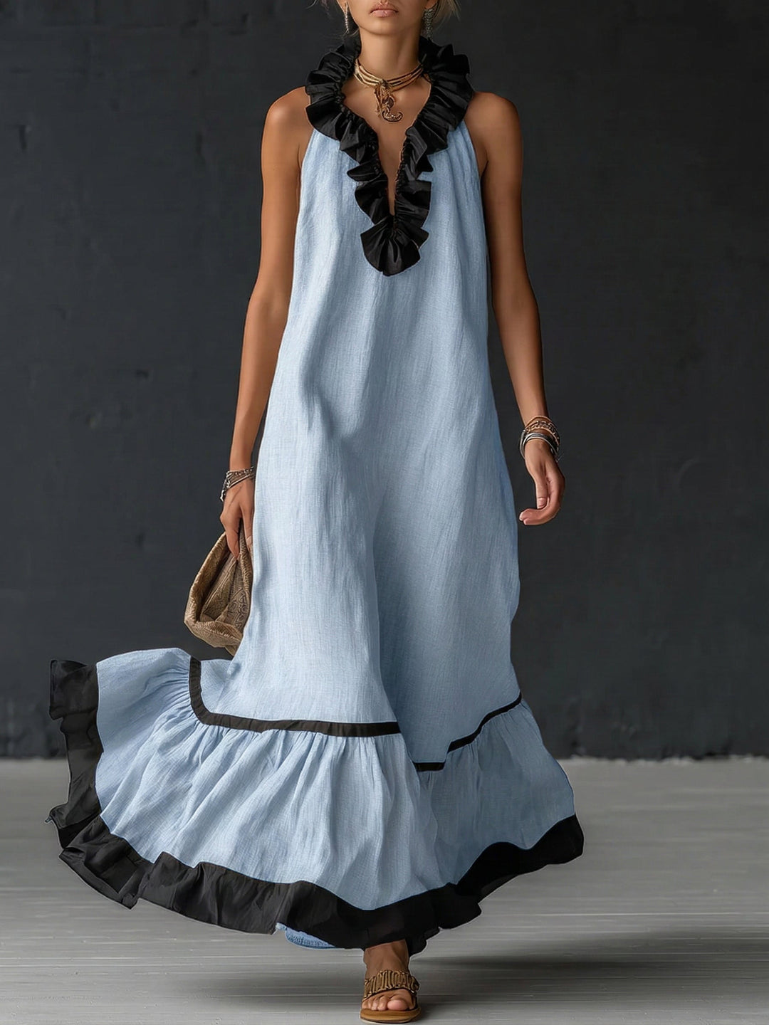 Women's Elegant Color-Block Ruffle Maxi Dress for Flowing Style