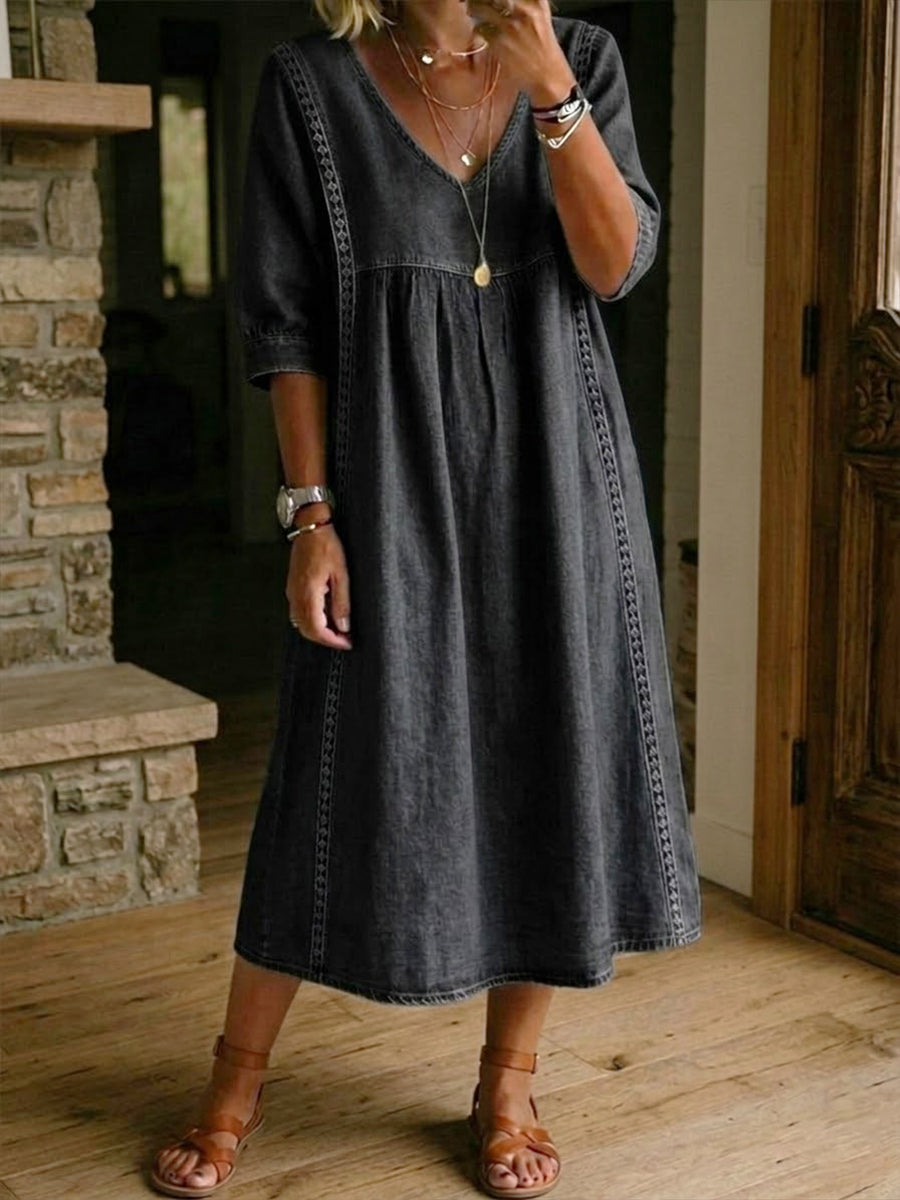 Women’s Lace Trim Denim Dress – Casual Loose Fit Vintage Denim Dress