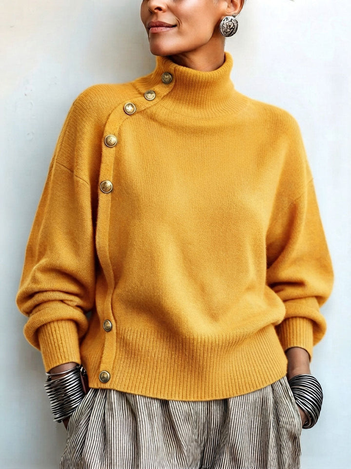 Elegant asymmetrical buttoned turtleneck sweater for women
