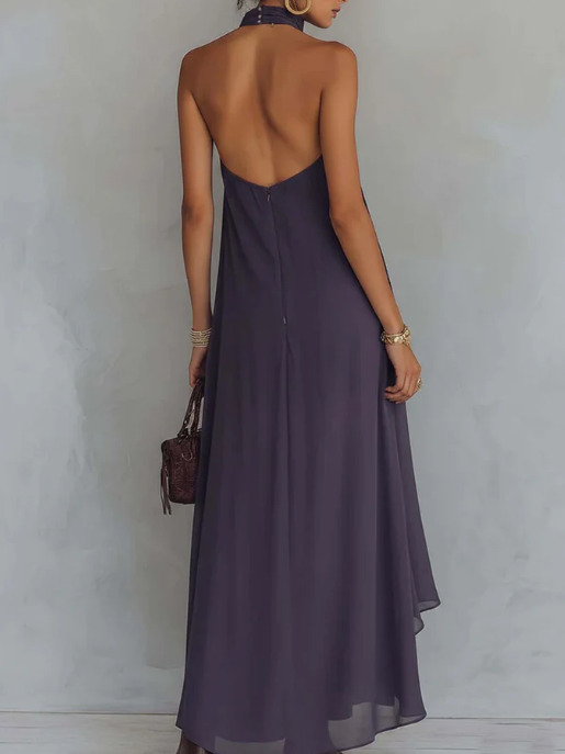 Clara - Retro Halter Neck Irregular Ruffle Maxi Dress