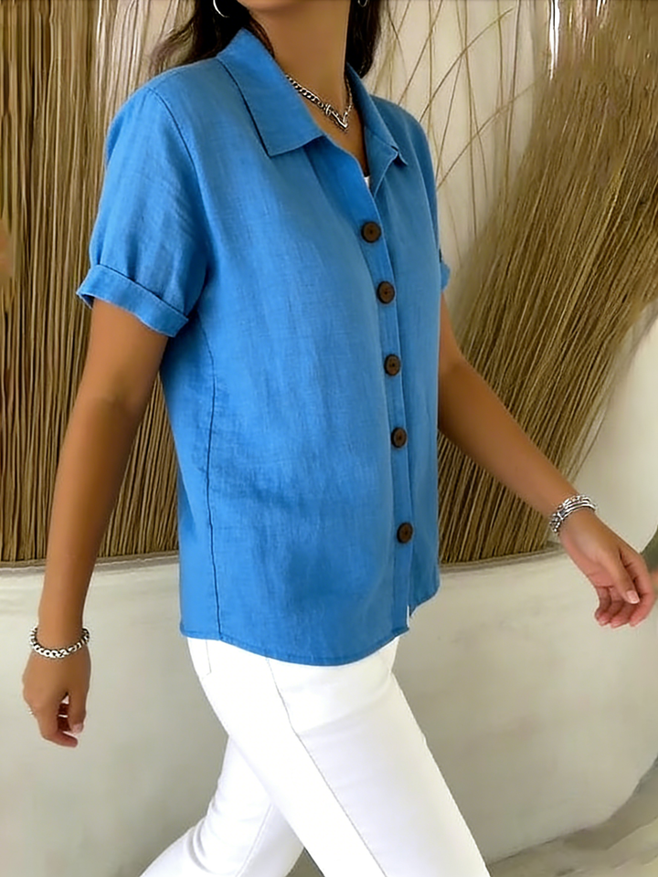 Zuri | Linen Cotton Cozy Basic Button-Up Shirt – Casual Short Sleeve Summer Blouse