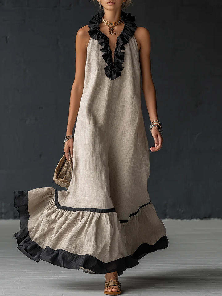 Women's Elegant Color-Block Ruffle Maxi Dress for Flowing Style