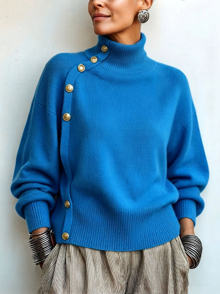 Elegant asymmetrical buttoned turtleneck sweater for women