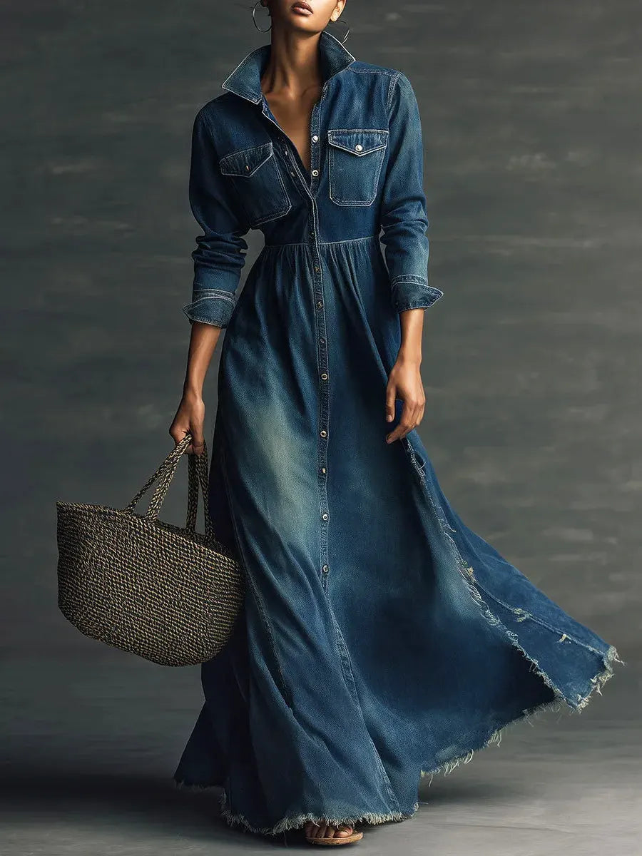 Mary - Stylish Art Stand Collar Washed Denim Midi Dress