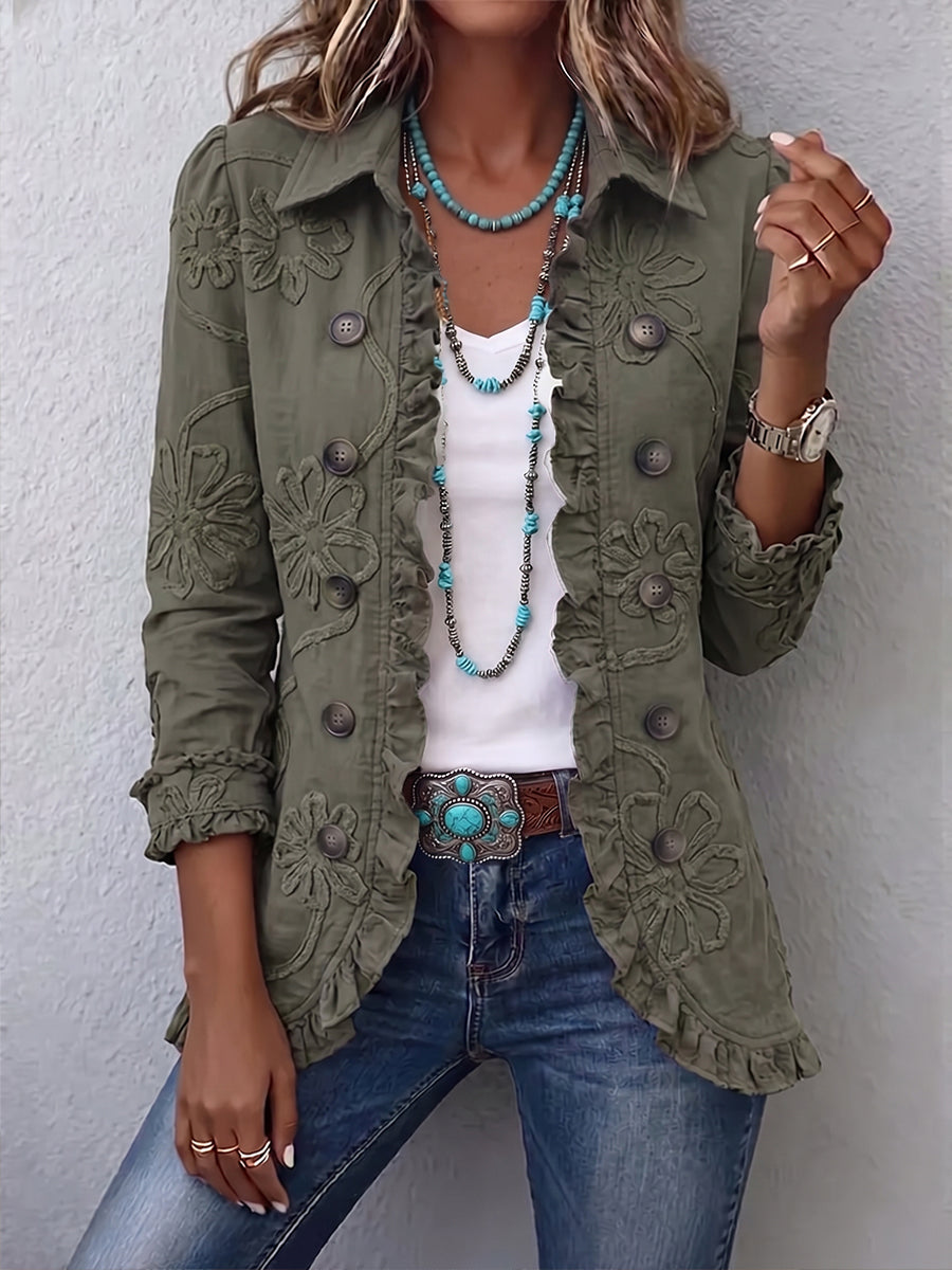 Embroidered Women's Jacket with Ruffles and Decorative Buttons