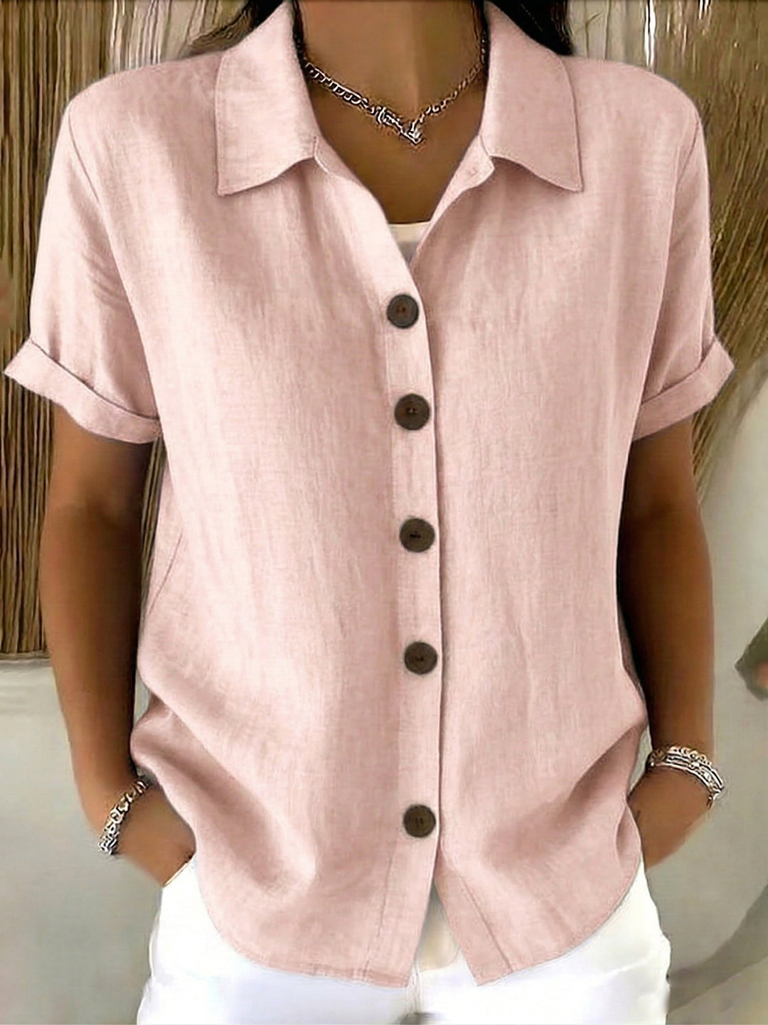 Zuri | Linen Cotton Cozy Basic Button-Up Shirt – Casual Short Sleeve Summer Blouse