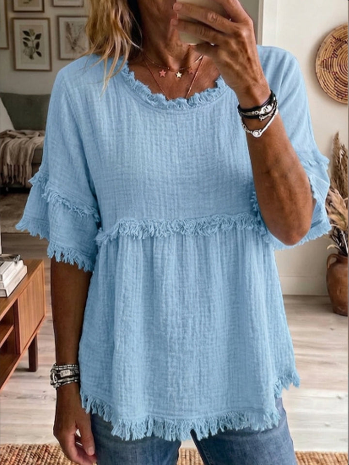 Casual Short-sleeve Raw-hem Linen-blend Top - Elena Harper