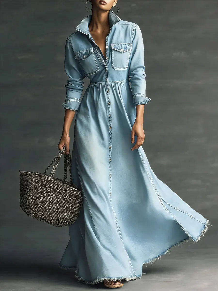 Mary - Stylish Art Stand Collar Washed Denim Midi Dress