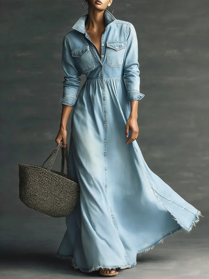Mary - Stylish Art Stand Collar Washed Denim Midi Dress