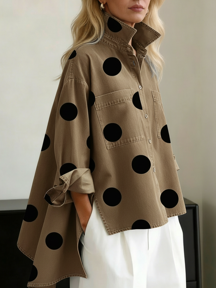 Stella - Elegant Artistic Polka Dot Print Stand-collar Denim Top