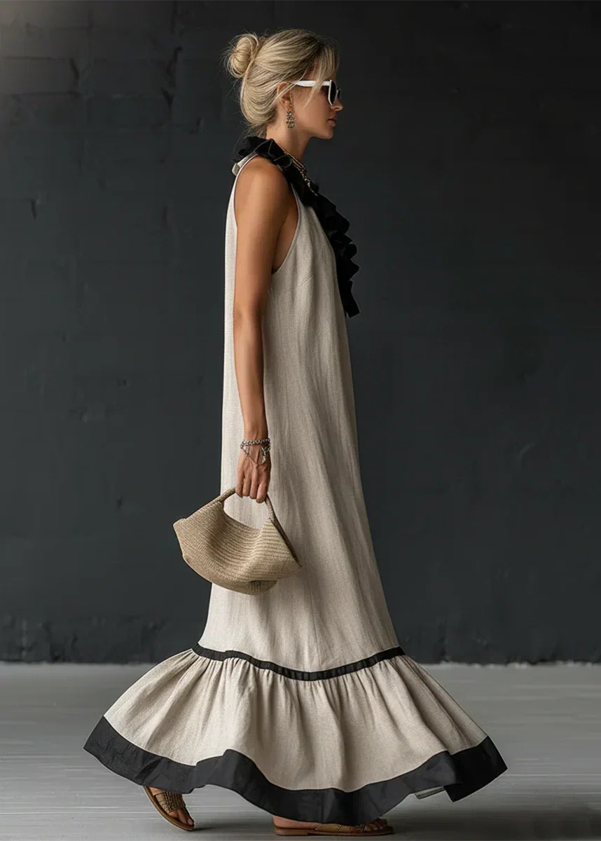 Long Women's Fluid Dress with Contrasting Ruffles
