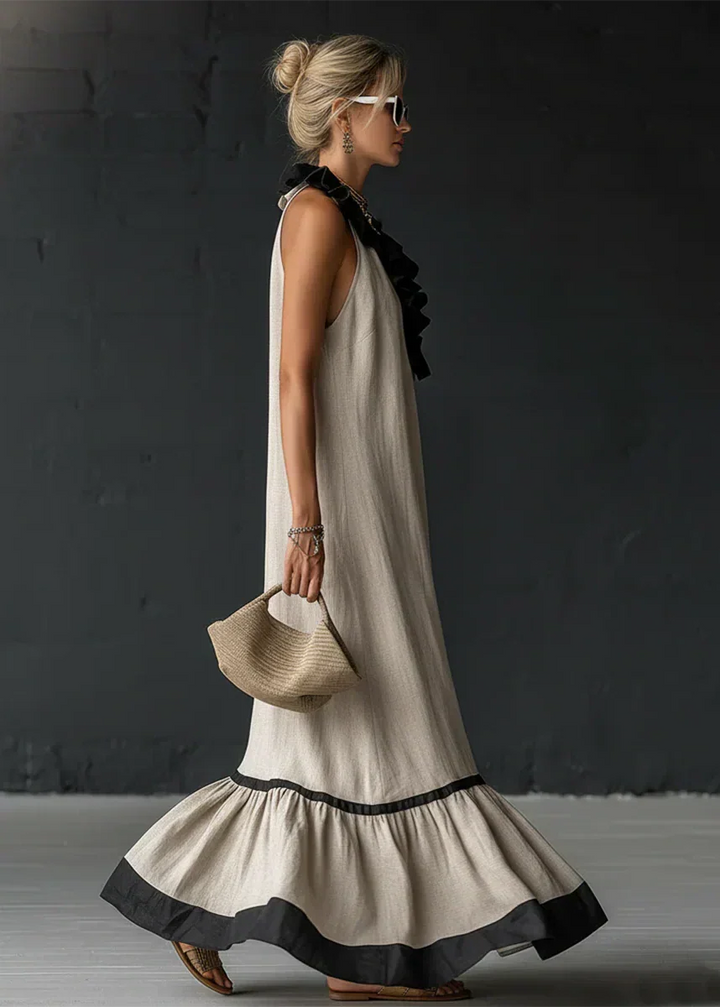 Long Women's Fluid Dress with Contrasting Ruffles
