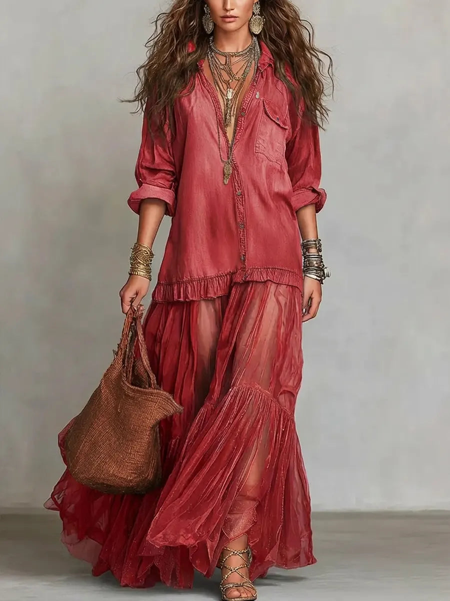 Sallie | Retro Lapel Denim Organza Patchwork Art Casual Maxi Dress