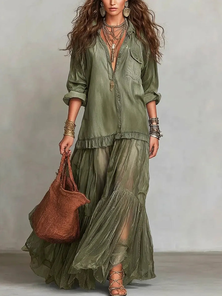 Sallie | Retro Lapel Denim Organza Patchwork Art Casual Maxi Dress