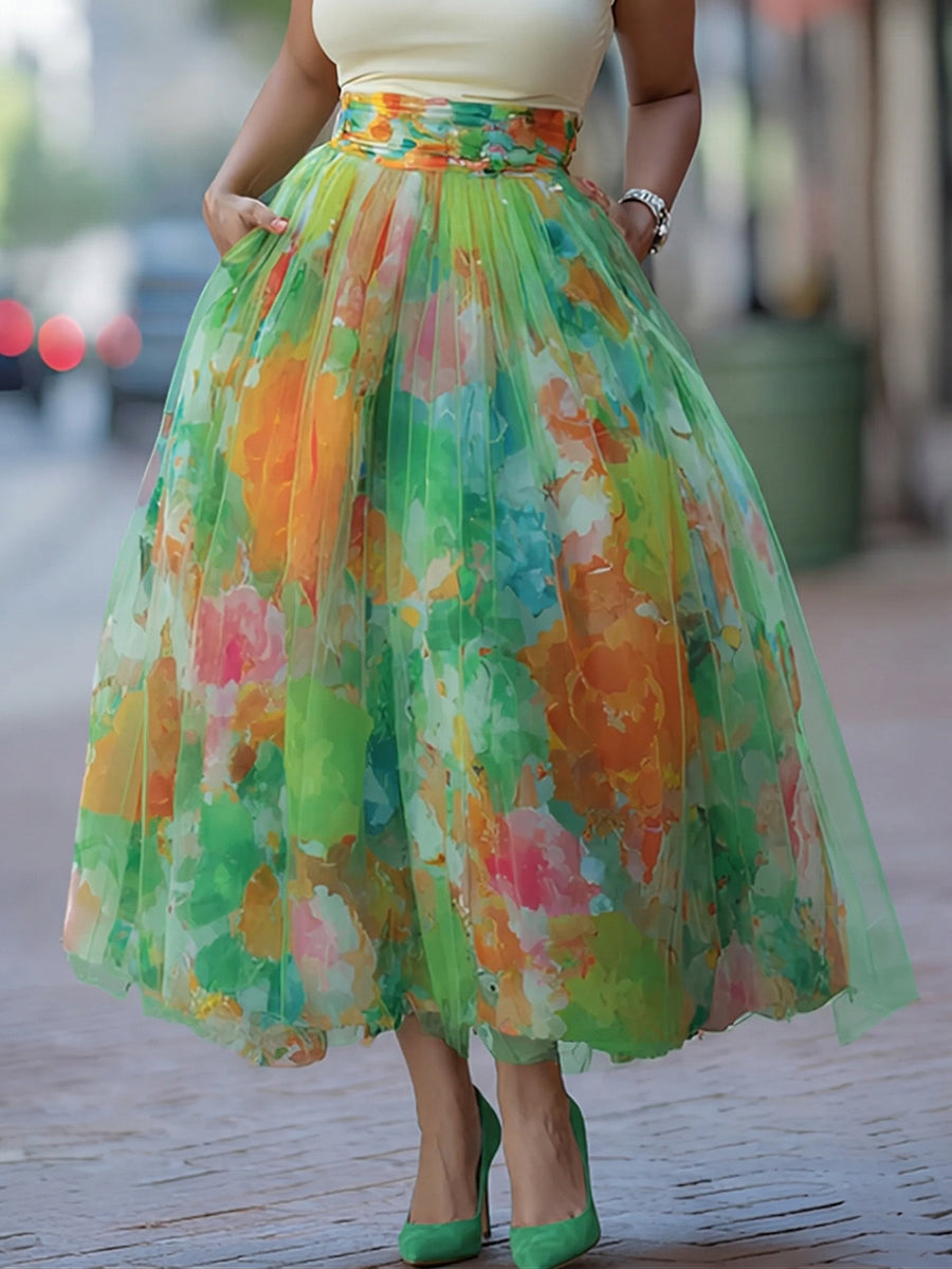 Artistic Watercolor Print Mesh-paneled Skirt, view 6 - Elena Harper