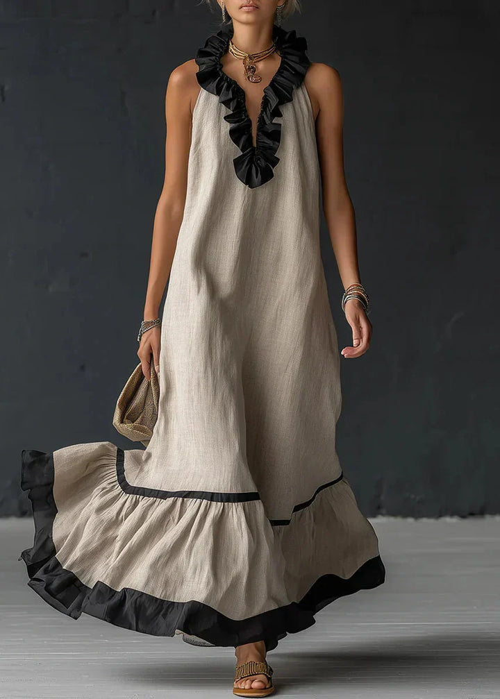 Long Women's Fluid Dress with Contrasting Ruffles