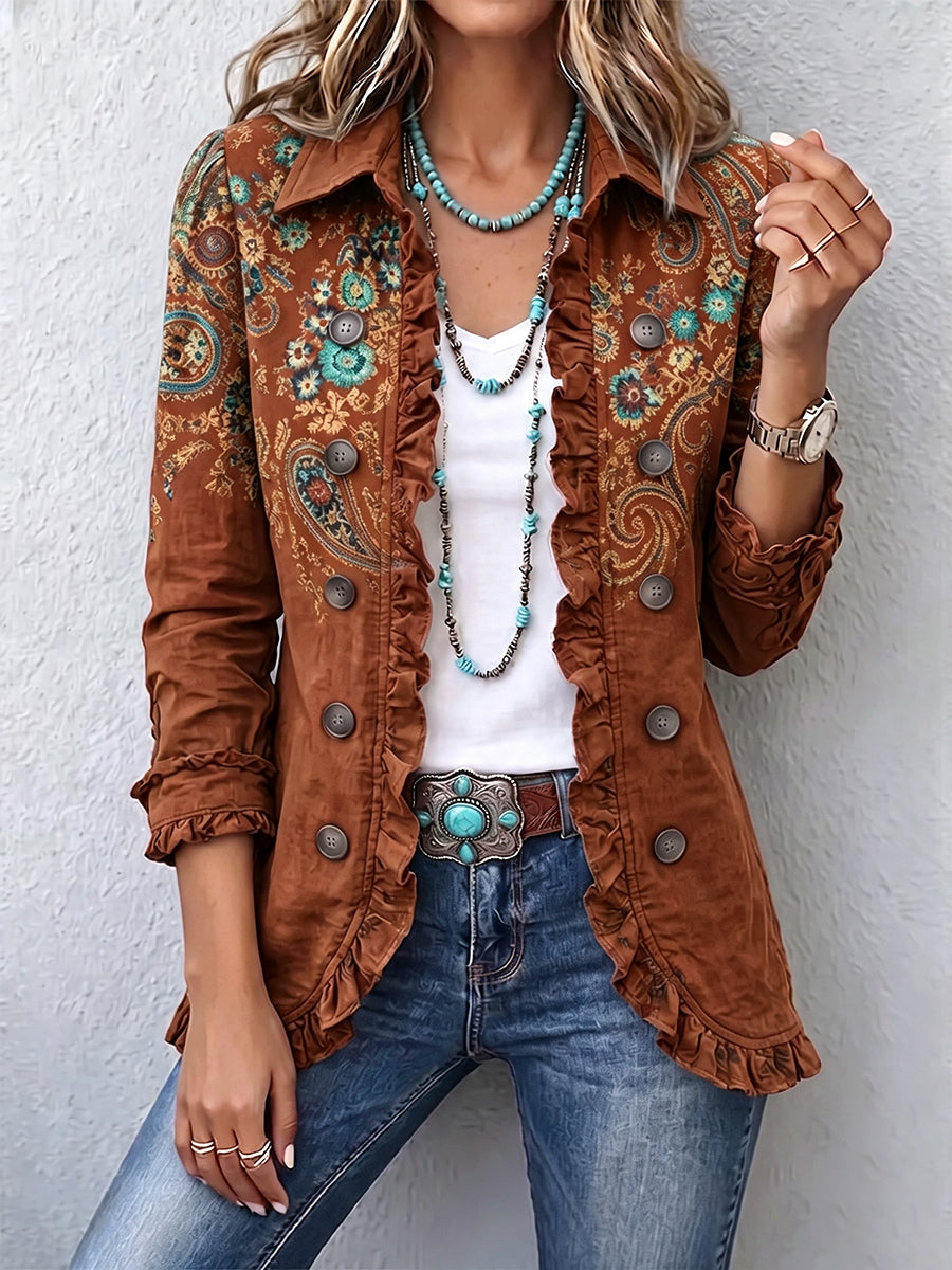 Bohemian Women's Jacket with Paisley Print and Ruffles