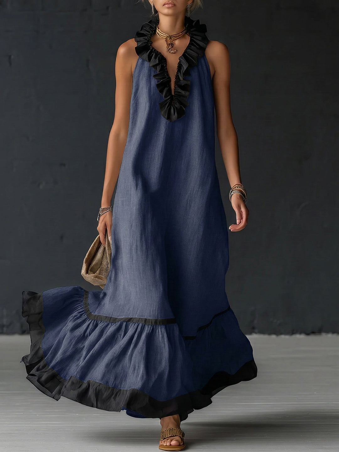 Women's Elegant Color-Block Ruffle Maxi Dress for Flowing Style