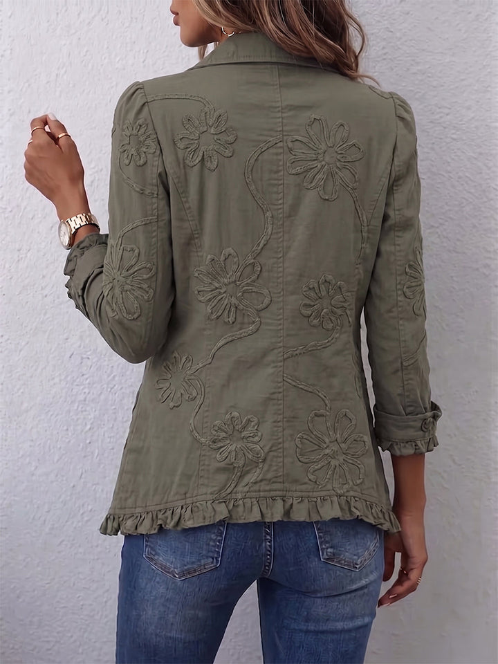 Embroidered Women's Jacket with Ruffles and Decorative Buttons