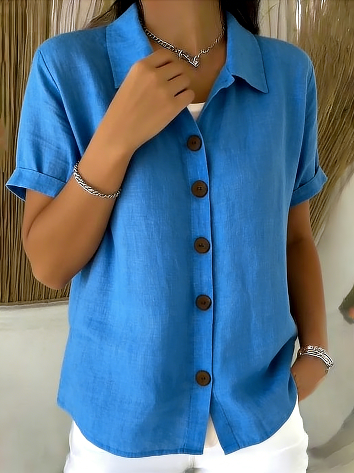 Zuri | Linen Cotton Cozy Basic Button-Up Shirt – Casual Short Sleeve Summer Blouse