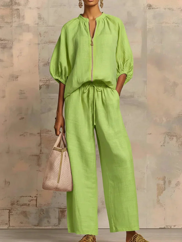 Alba Relaxed Button-Up Shirt and Coordinated Wide Leg Pants, view 2 - Elena Harper