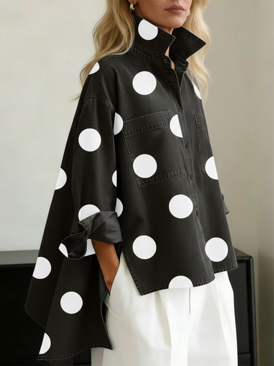 Stella - Elegant Artistic Polka Dot Print Stand-collar Denim Top
