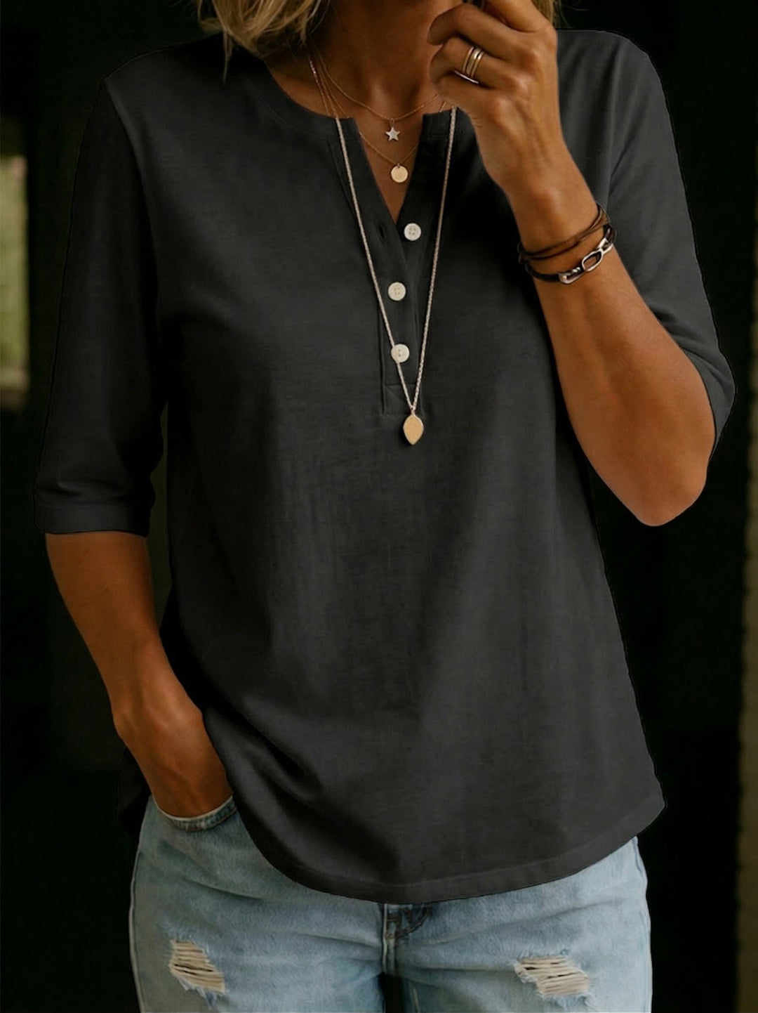 Willa - Classic Henley Collar 100% Cotton T-shirt