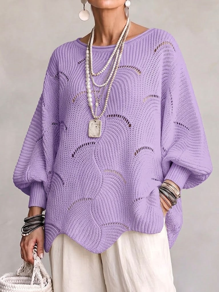 Women's Openwork Knit Sweater with Wavy Pattern