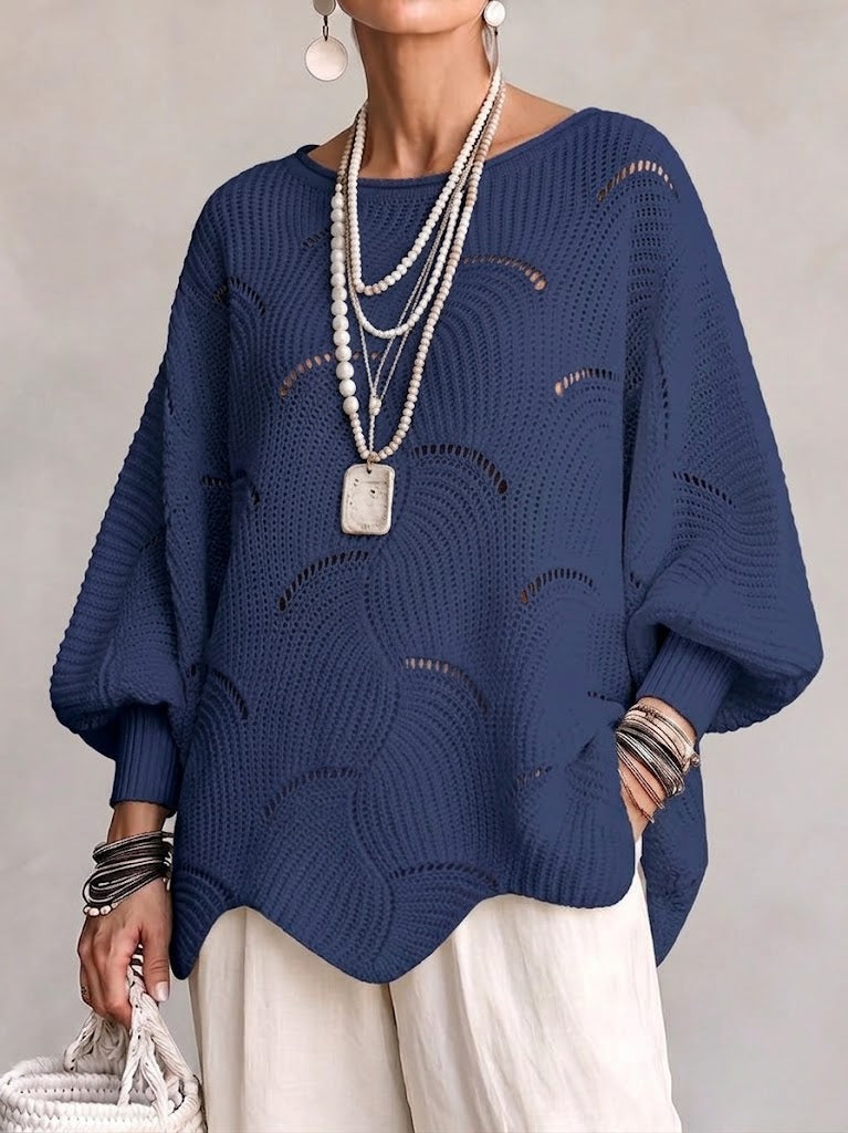Women's Openwork Knit Sweater with Wavy Pattern